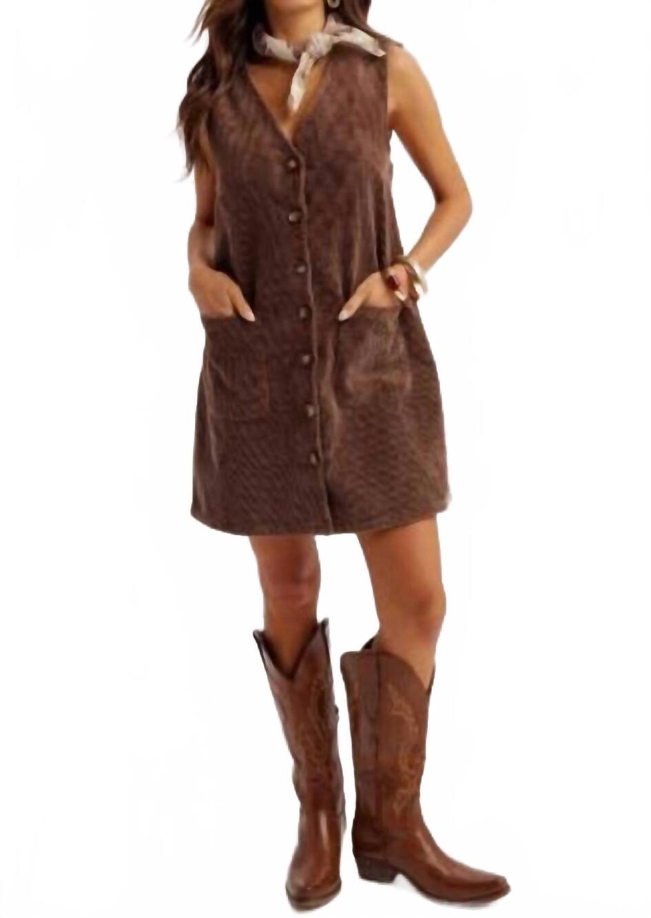 NEW HEM & THREAD snow washed corduroy button down pinafore dress in brown